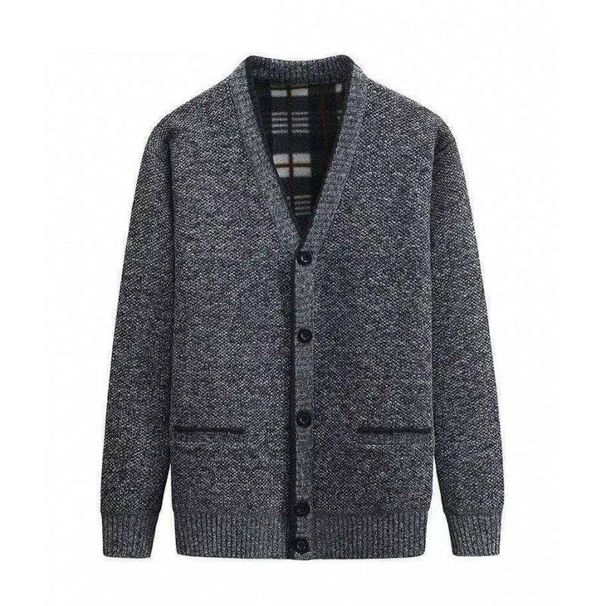Men's Fleece Lined V-Neck Cardigan Sweater - Warm Winter Knitwear For Middle-Aged & Senior Gentlemen (Grey, Burgundy, Camel, Blue-Grey, Smoke Grey)_viptrois.com