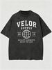 Heavyweight 230g Washed Varsity-Style Globe Outline Printed T-Shirt Men's Urban Streetwear Tee_viptrois.com