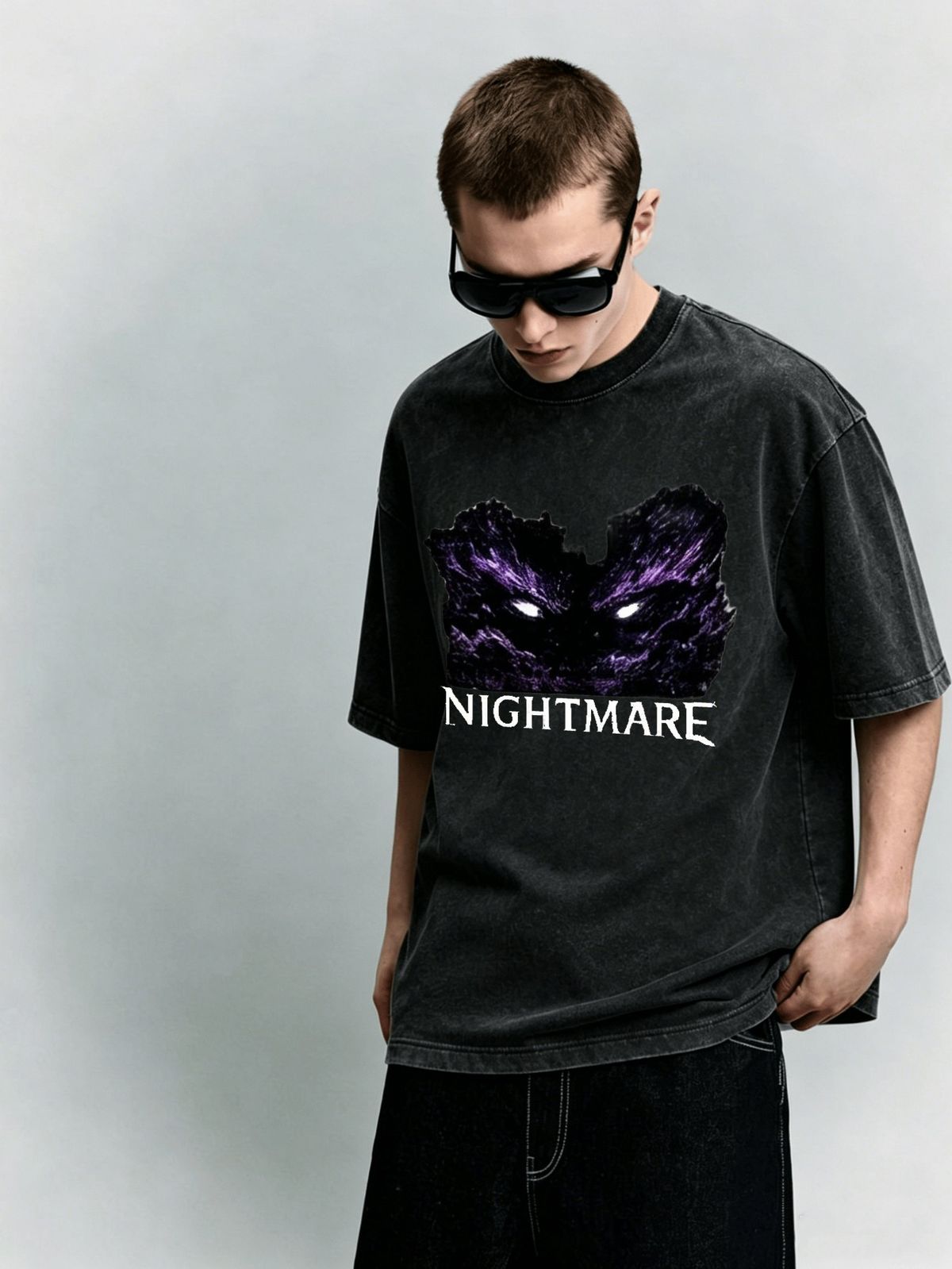 Nightmare Purple Eye Heavyweight Washed Graphic T-Shirt Men's Oversized Streetwear Tee_viptrois.com