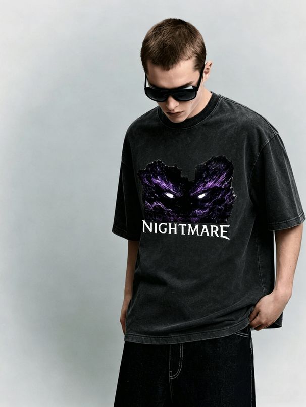 Nightmare Purple Eye Heavyweight Washed Graphic T-Shirt Men's Oversized Streetwear Tee_viptrois.com