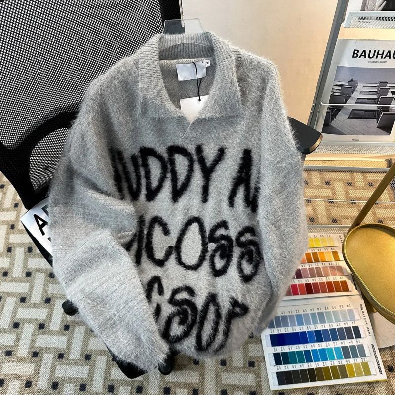 Letter Printed Mink Plush Knitted Sweater For Autumn And Winter, Loose Collared Sweater, Long Sleeved Sweater_viptrois.com