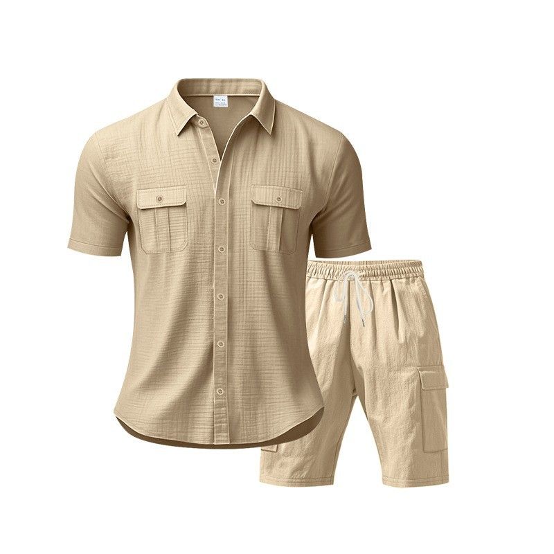 Men's Solid Color Short Sleeve Two Piece Set Casual Workwear Sports Loose Fit Cotton Polyester Linen Blend For Summer - Black Gray Khaki_viptrois.com