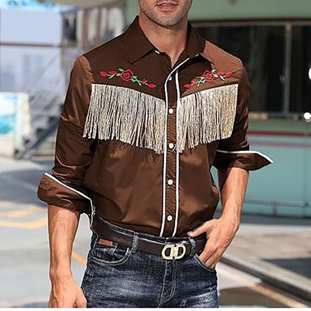 Men's Clothing Men's Western Cowboy Tassel Embroidery Shirt Long Sleeve Casual Cotton Cardigan_viptrois.com