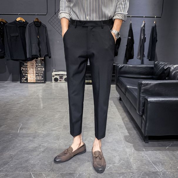 Men's Clothing Straight Solid Color Trousers Casual Temperament Literary Lazy Trend Nine Point Trousers_viptrois.com