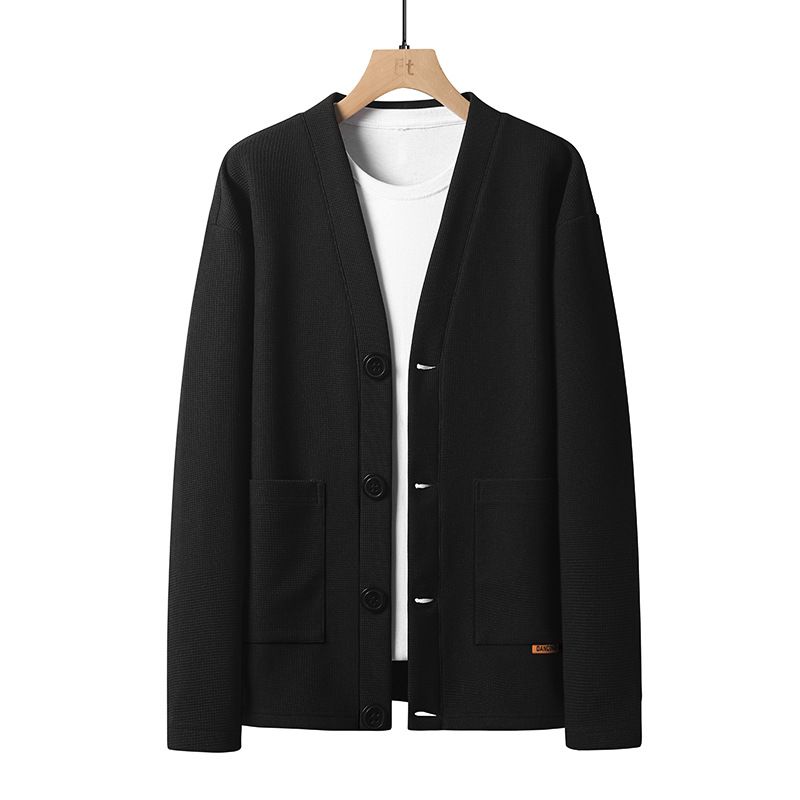 V-Neck Cardigan Sweater Men's Casual Pullover Hoodie With Patch Pockets, Waffle Knit, Loose Fit, College Style_viptrois.com