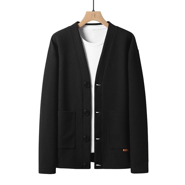V-Neck Cardigan Sweater Men's Casual Pullover Hoodie With Patch Pockets, Waffle Knit, Loose Fit, College Style_viptrois.com