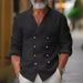 Men's Clothing Double Breasted Shirt Home Leisure Fashion Stand Up Collar Shirt Cotton And Linen Long Sleeved Cardigan Jacket_viptrois.com