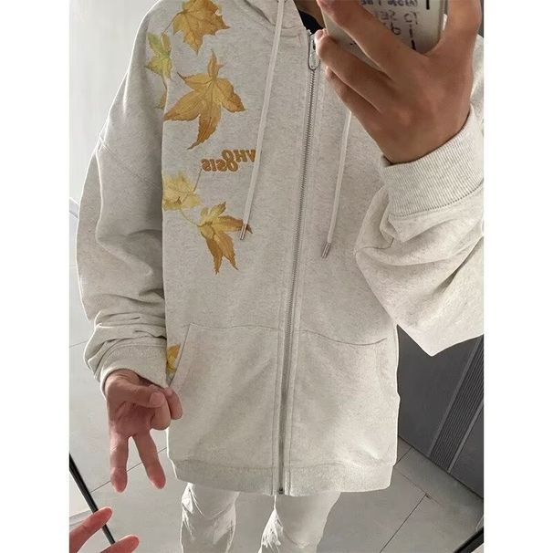 Loom Loom Retro Falling Maple Leaf Embroidered Sweatshirt For Men, Spring Autumn Hooded High Trendy Brand, European And American_viptrois.com