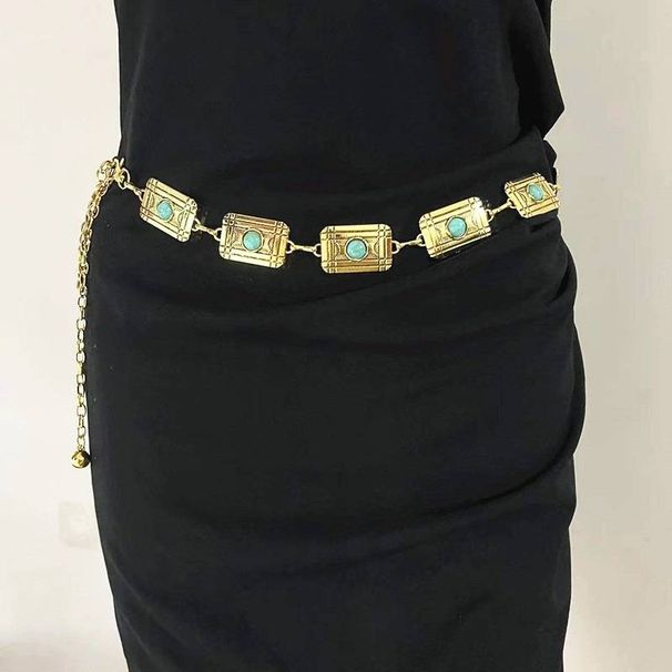 Waist chain female vintage versatile square inlaid sapphire waist jewelry dress decoration bohemian style belt_viptrois.com