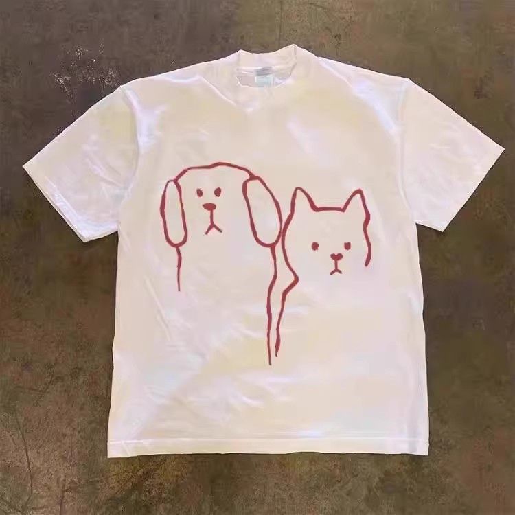 Vintage Couple's Tee With Cute Dog Ear Cover Print - Heavyweight Premium Cotton Relaxed Fit Unisex Short Sleeve T-Shirt_viptrois.com