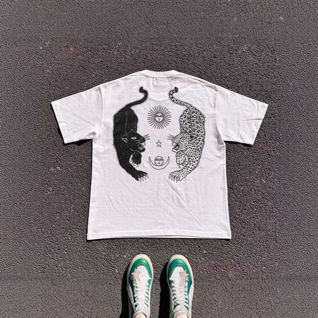 Heavyweight 250gsm Oversized Cotton T-Shirt, Day & Night Graphic Tee, Unisex Streetwear Short Sleeve Top With Embossed Print_viptrois.com