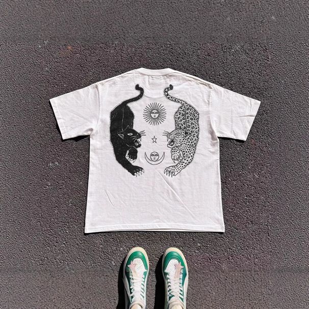 Heavyweight 250gsm Oversized Cotton T-Shirt, Day & Night Graphic Tee, Unisex Streetwear Short Sleeve Top With Embossed Print_viptrois.com