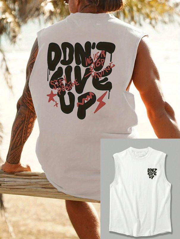 100% Pure Cotton Men's Summer Casual Sports Fitness Loose, Don't Give Up Letter Pattern Printed Breathable Round Neck Sleeveless Vest_viptrois.com
