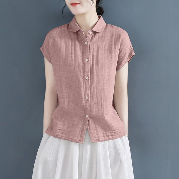 Summer Polo Collar Design, Short Sleeved Women's Loose Fit, Small Fly Sleeves, Cotton And Shirt, Plus Size Linen Top_viptrois.com