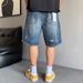 Retro American plus Size Men's Denim Shorts Casual Distressed Straight Leg Loose Fit Five Point Pants up to 300 Lbs_viptrois.com