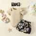 Baby Girl Summer Outfit Set - Ribbed Sleeveless Romper + Floral Shorts + Hair Tie (3-Piece Set) - Soft Cotton Toddler Clothes_viptrois.com