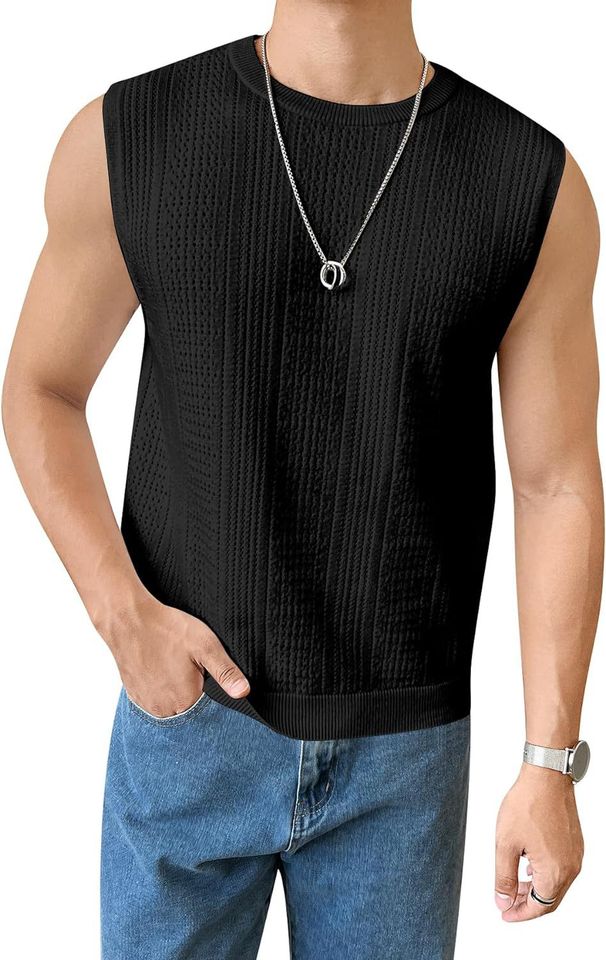 Men's Clothing Summer Men's New Solid Color Hollow Breathable Round Neck Casual Vest Sweater Men's Sleeveless Tops Men's Clothing_viptrois.com
