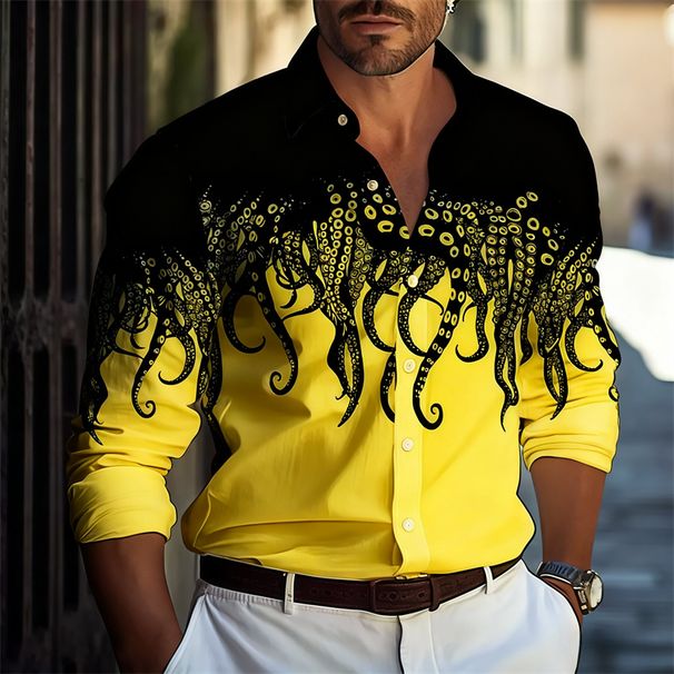 Camisa Hawaiana Para Hombre, Manga Larga, Estampado De Pulpo, Estilo Náutico, Holgada Y Transpirable, Ideal Para Playa_viptrois.com
