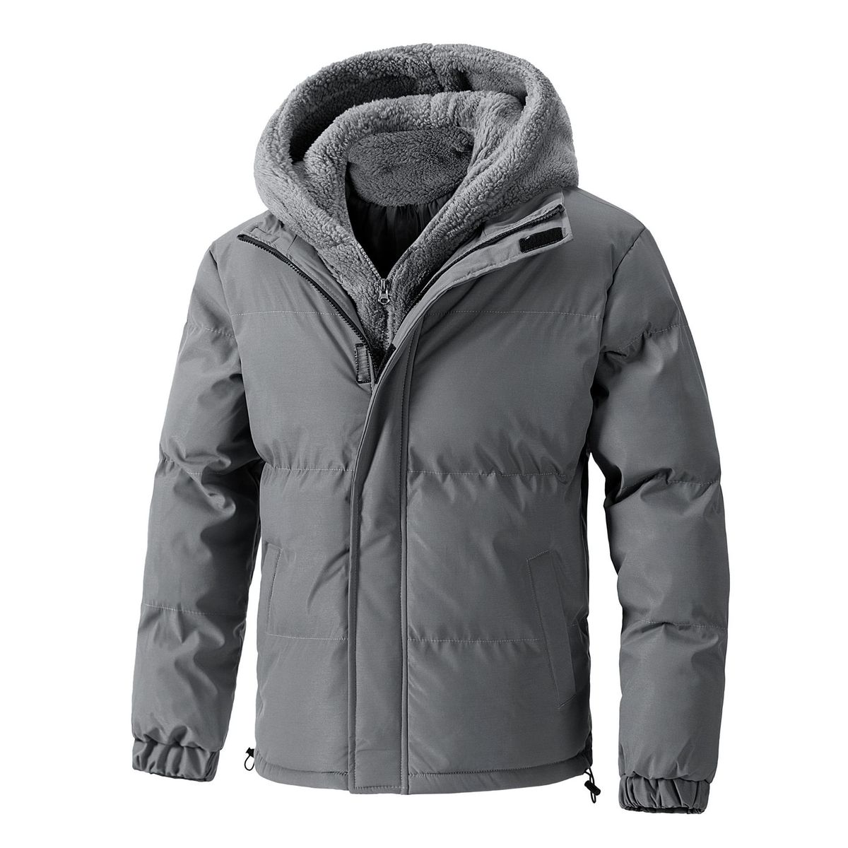Men's Winter Fleece-Lined Hooded Jacket With Layered Design, Loose Fit, Short Style, Warm And Stylish Casual Outerwear_viptrois.com