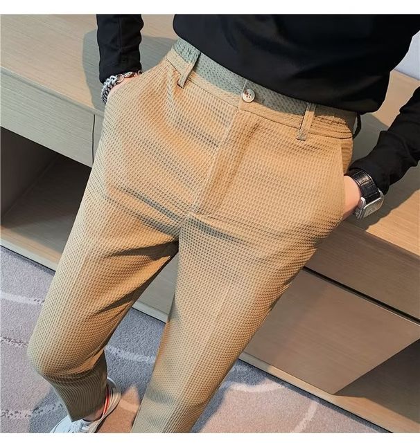Men's Clothing Style Light Mature Men's Casual Waffle Trousers Waist Elastic Trousers Youth Skinny Trousers_viptrois.com