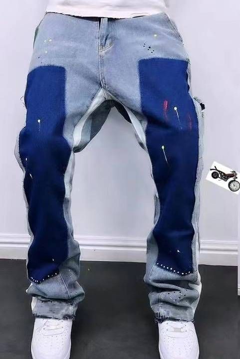 Men's Clothing High Street Style Heavy Washing Old Ink Splash Color Deconstruction Bell Bottom Pants Sub Trend Personality Niche Stacked Jeans_viptrois.com