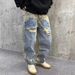 Men's Clothing Casual Handsome Heavy Retro Ripped Patch Jeans Straight Loose Beggar Wide Leg Pants_viptrois.com