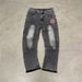Men's US Map Fringe Hem Jeans - Straight Cut Denim Pants With Embroidered Coordinates & Distressed Details_viptrois.com