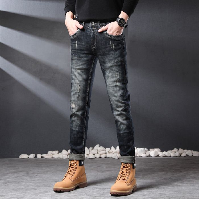 Slim Fit Distressed Patch Jeans For Men, Youth Style, Unique Vintage Straight Leg Pants_viptrois.com