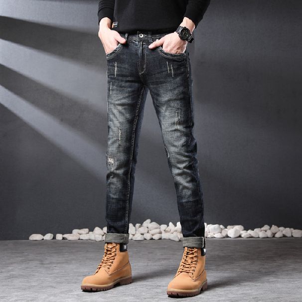 Slim Fit Distressed Patch Jeans For Men, Youth Style, Unique Vintage Straight Leg Pants_viptrois.com