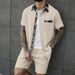 Men's Summer Solid Color Short Sleeve Shirt Set Color Blocking Buttons_viptrois.com