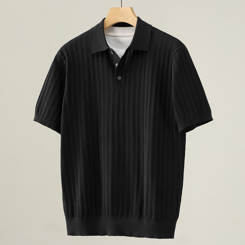 Luxury Men's Short Sleeved Polo Shirt High Elastic Striped Knitted Cool And Breathable Elegant High End Summer Top_viptrois.com