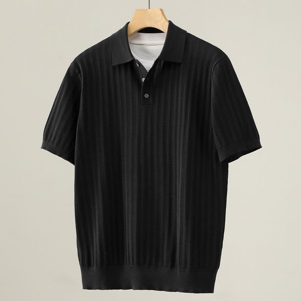 Luxury Men's Short Sleeved Polo Shirt High Elastic Striped Knitted Cool And Breathable Elegant High End Summer Top_viptrois.com