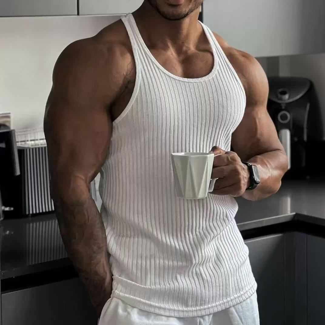 2025 Summer Knitted Vertical Stripe Fitness Sports Slim-fitting Men's I-shaped Vest_viptrois.com