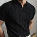 Men's Retro Knit Polo Shirt – Zip-Up Collar, Striped Texture, Breathable & Stretch Fit (Black/White, M-Xxxl)_viptrois.com