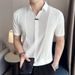 Korean Style Slim Fit Men's Polo Shirt Thin Short Sleeved Ice Silk Cotton High Elasticity V Neck Patchwork T Shirt for Summer_viptrois.com