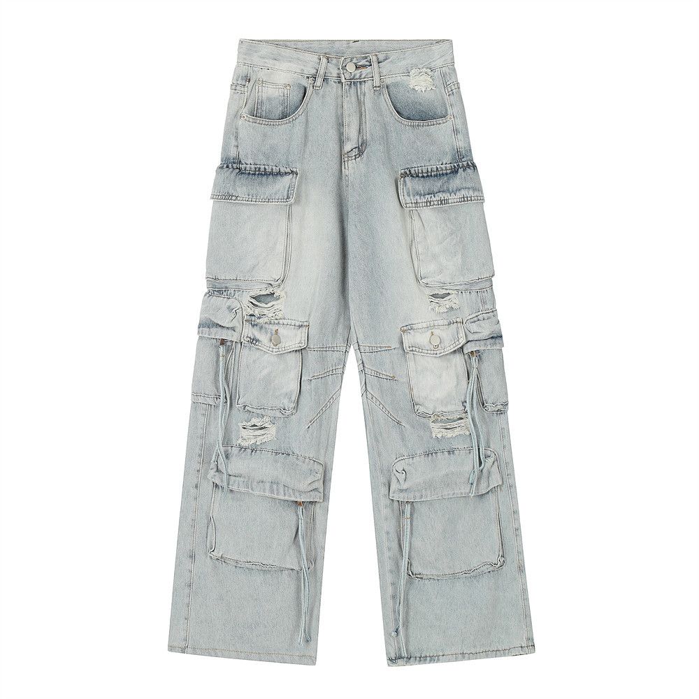 Functional multi-pocket cargo jeans for men, trendy punk washed holes, niche loose straight wide-leg trousers_viptrois.com