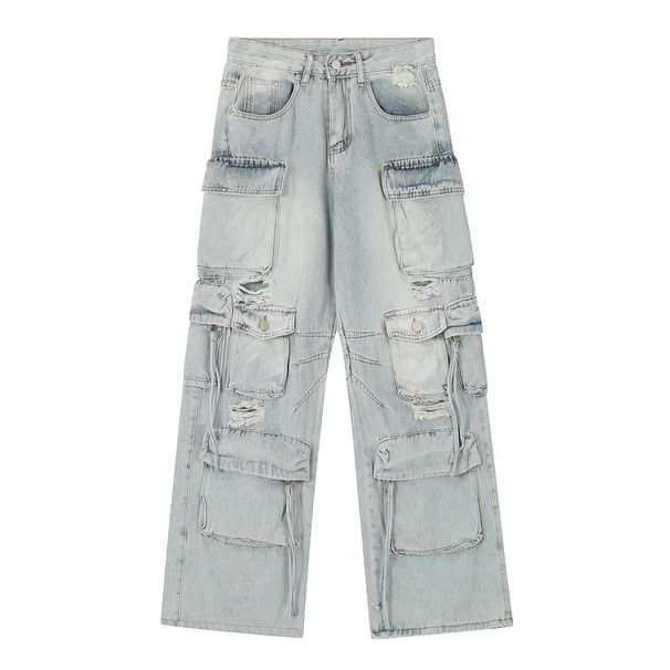 Functional multi-pocket cargo jeans for men, trendy punk washed holes, niche loose straight wide-leg trousers_viptrois.com