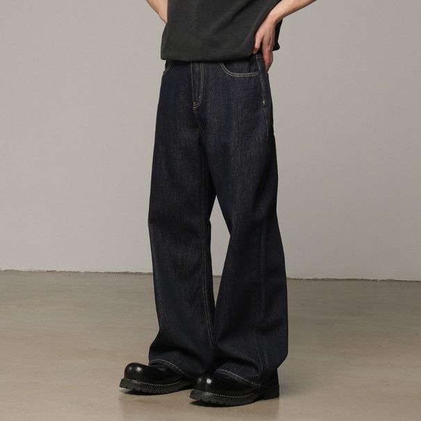 2025 American Retro Original Denim Selvedge Jeans Men's Black Loose Straight A Line Wide Leg Long Pants Summer New Style_viptrois.com