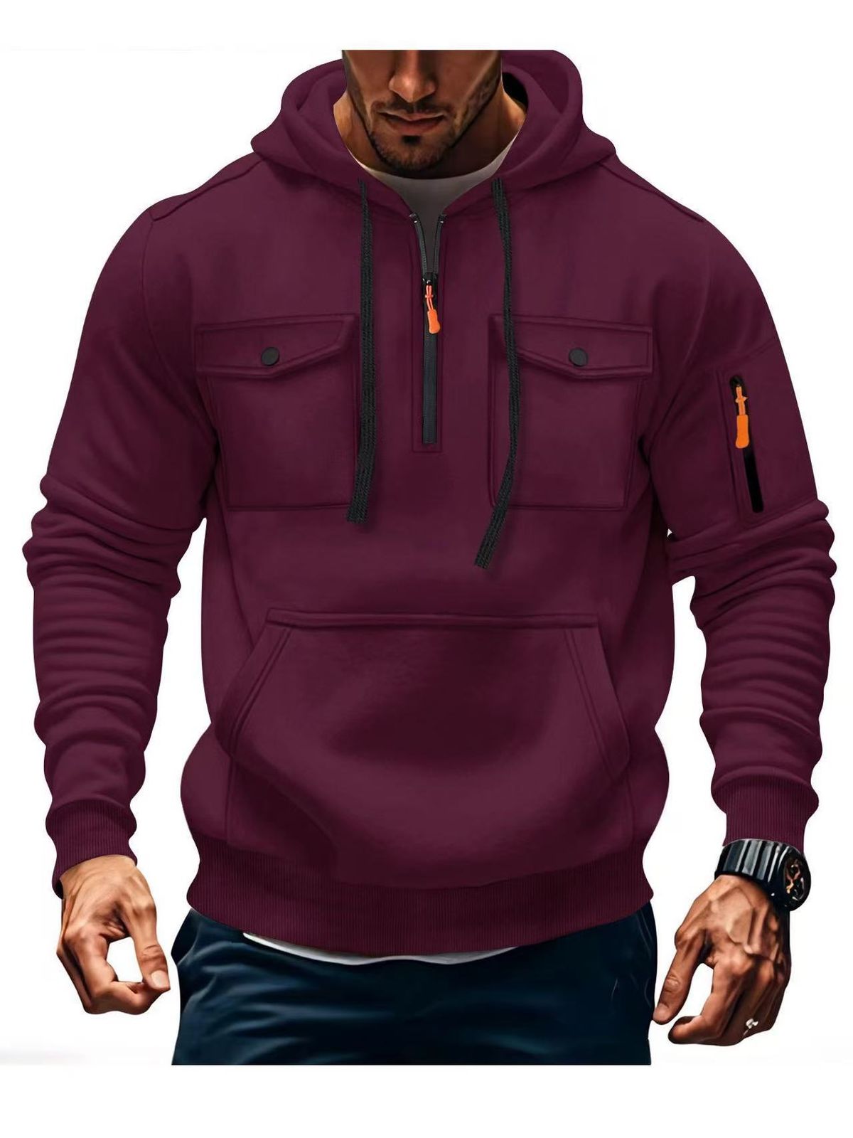 Autumn And Winter Men's Sweatshirt Multi Pocket Hooded Long Sleeved Plus Velvet Jacket Tops Casual Sports_viptrois.com