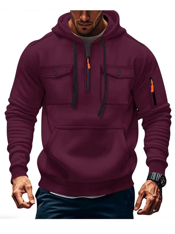 Autumn And Winter Men's Sweatshirt Multi Pocket Hooded Long Sleeved Plus Velvet Jacket Tops Casual Sports_viptrois.com