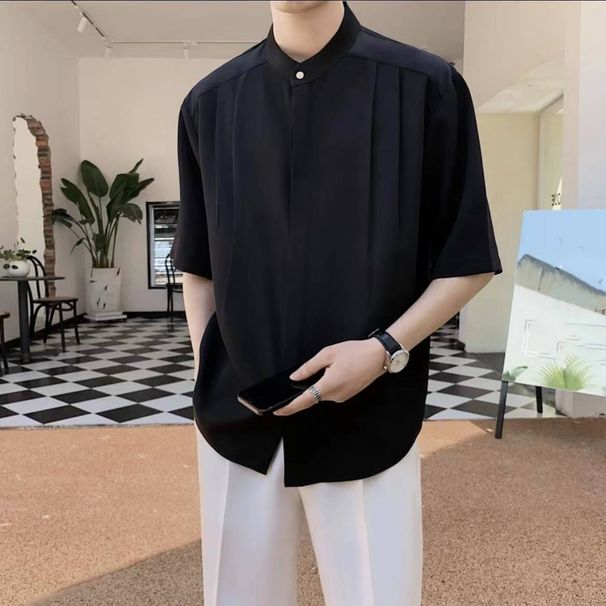 Men's Clothing New Style Stand Up Collar Loose Designer Three Dimensional Tailoring Versatile Shirt Solid Color Simple Versatile Short Sleeved Shirt_viptrois.com