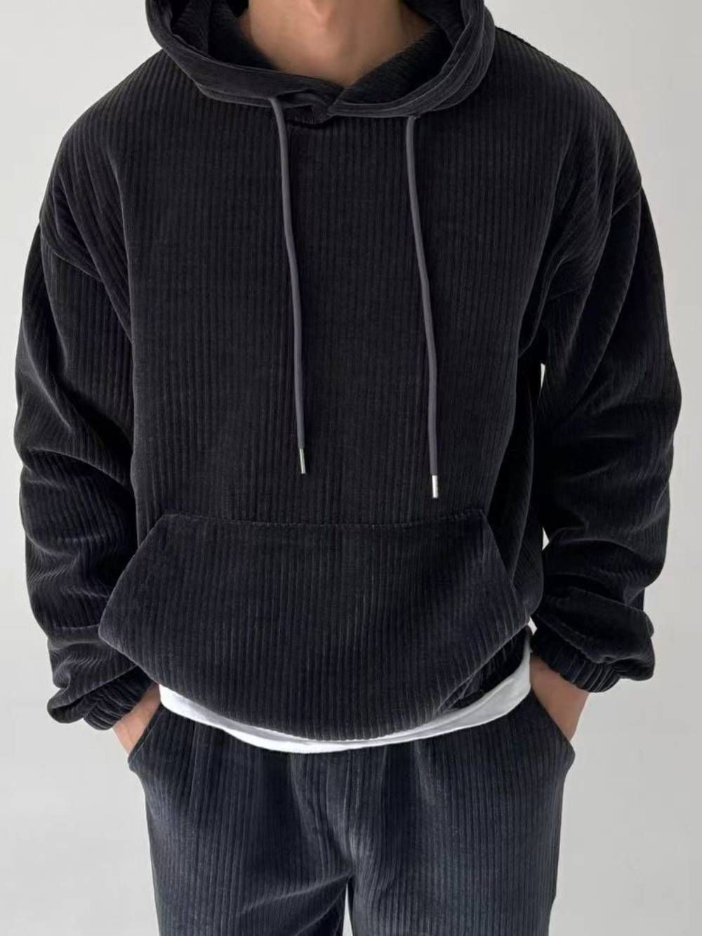 Men's Clothing Autumn And Winter 25 New Sweatshirt Casual Fashion Corduroy Solid Color Hooded Big Pocket Sports Home Clothes_viptrois.com