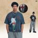 American-syle Washed Disressed Shor T-shir Wih Full Porrai Prin And Oversized Design, One-piece Raglan_viptrois.com
