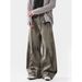 Men's Clothing Streetwear Distressed Cargo Jeans For Men - Vintage Washed Cotton Work Pants With Wrinkled Design, Loose Fit, Straight Leg, Green_viptrois.com