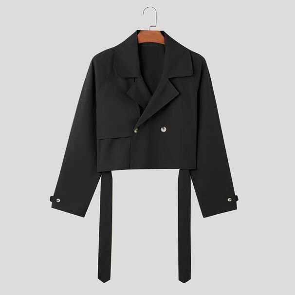 Men's Clothing Foreign Trade 2025 Autumn New Men's Fashionable Loose Jacket Belt Lapel Workwear Short Windbreaker Jacket_viptrois.com
