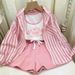 Kid's Clothing 2024 early autumn new girls' casual striped sunscreen shirt stylish vest shorts three piece set_viptrois.com