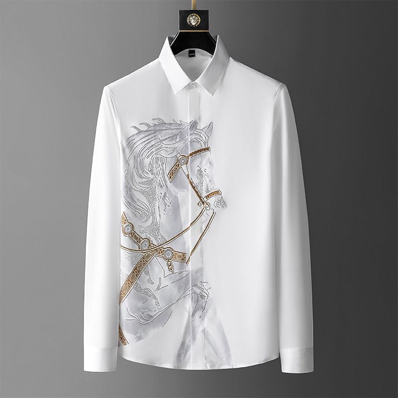 Men's Slim Fit Long Sleeve Shirt Fashion Brand Printed Diamond Pattern Casual Polyester Clothing Anti-Wrinkle Black White_viptrois.com