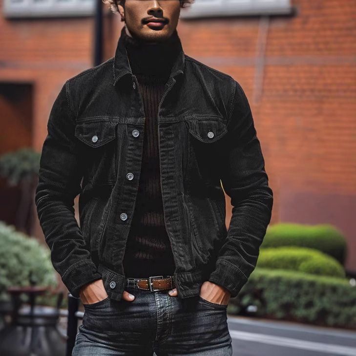 Autumn Winter Men's Corduroy Long Sleeve Turn-down Collar Jacket Coat Men_viptrois.com