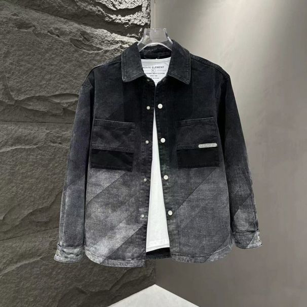 Gradient Denim Jacket For Men, Versatile Cool Autumn Jacket, Casual And Trendy Brand Lapel Shirt_viptrois.com