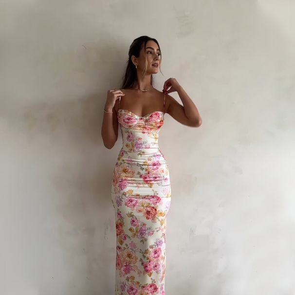 Holiday Camisole French Floral Print Sexy Chest Revealing Temperament Fashionable Long Dress Dress For Women_viptrois.com
